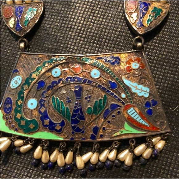 Antique Ethnic Enamel Dangle Pearl Bird Necklace Unique Get Noticed